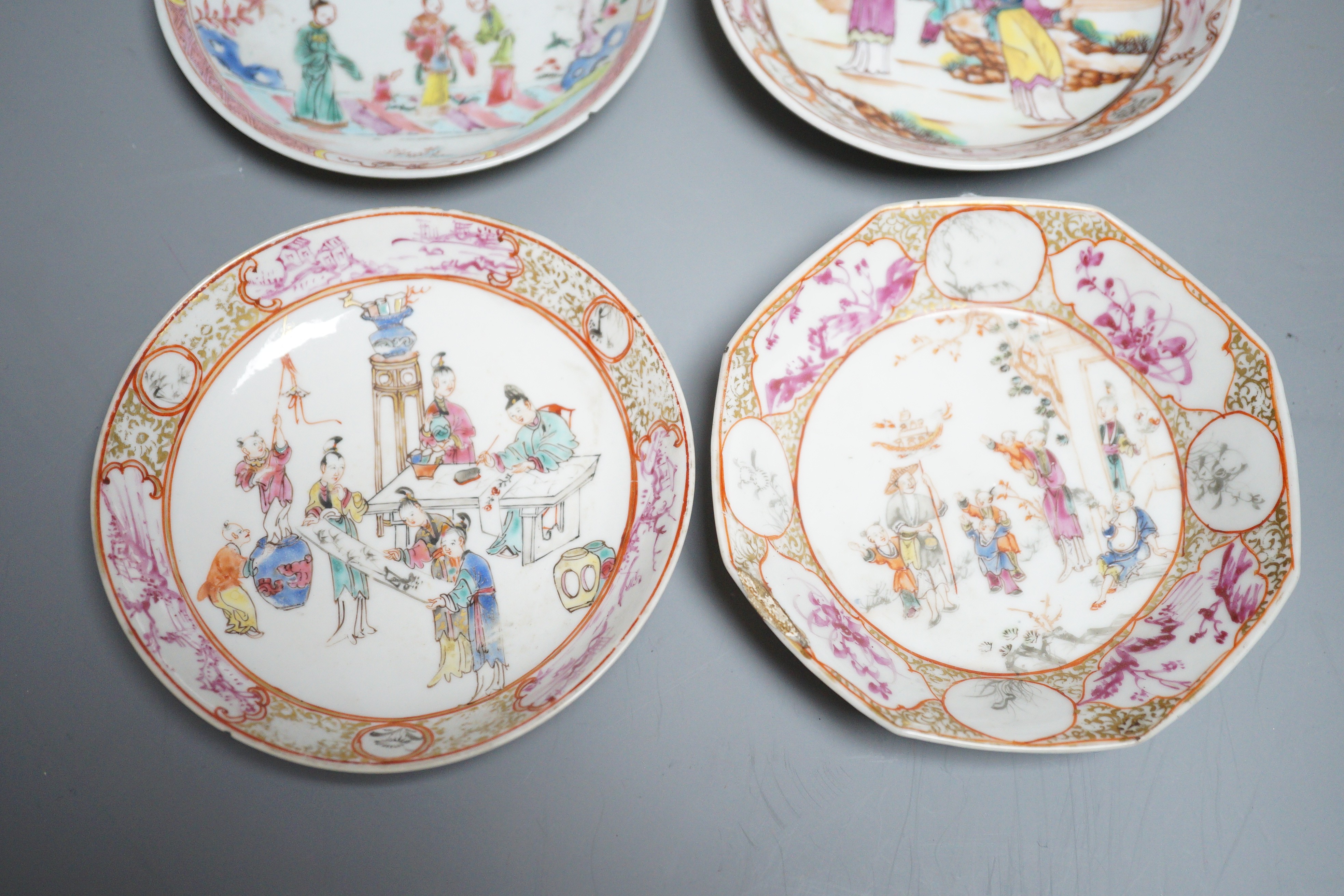 A group of four 18th century Chinese export famille rose saucers